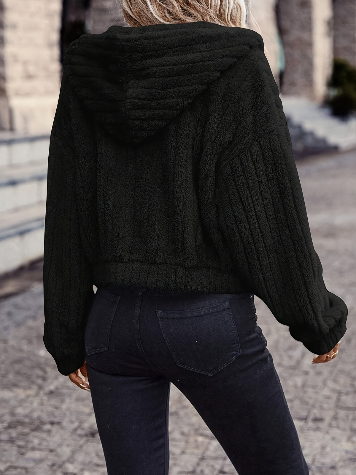 Solid Color Double-Sided Plush Zipper Hooded Cardigan, Women's Casual Plush Coat for Autumn and Winter - Black