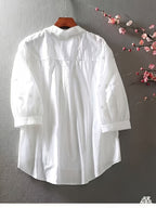 New Vintage Style Stand Collar Loose-Fit Casual Versatile Shirt with Three-Dimensional Embroidery, Artistic Top - White