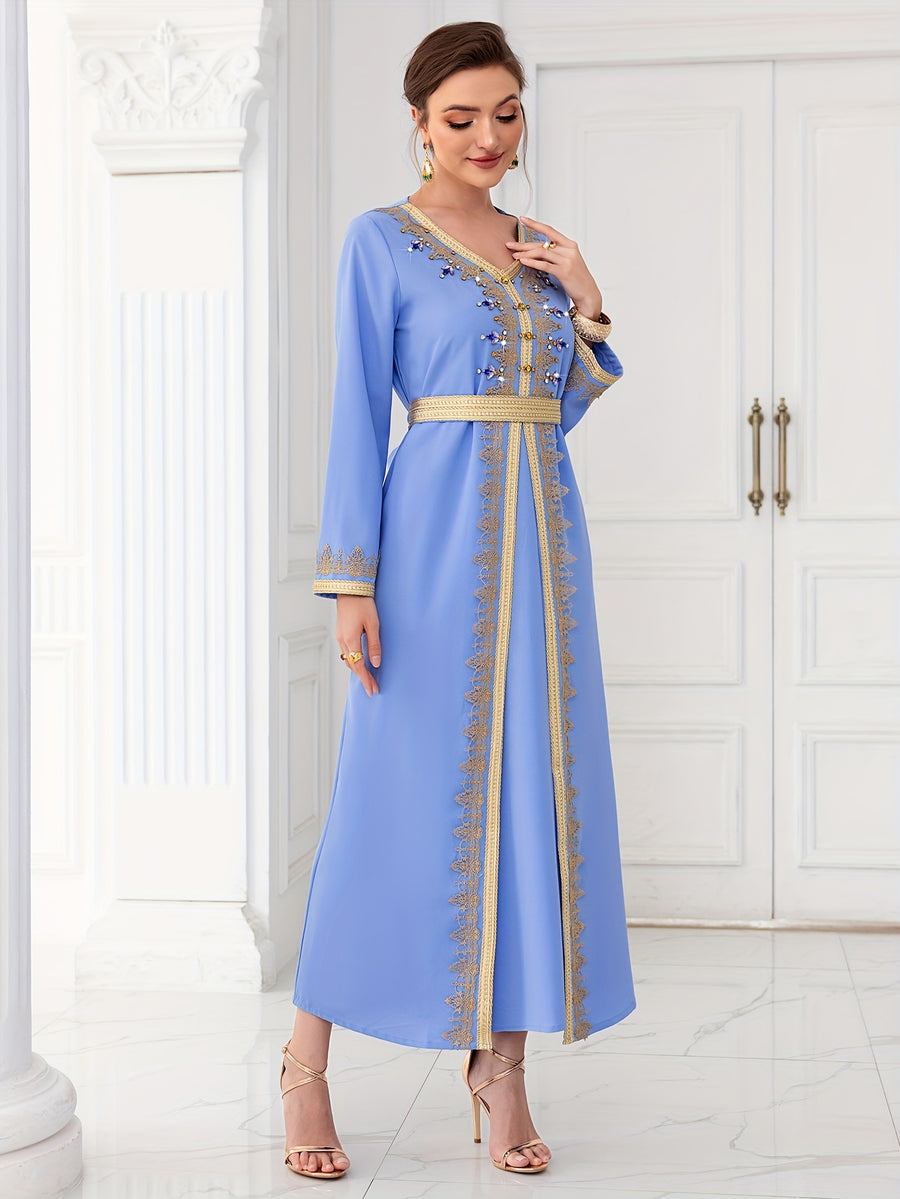 Light Blue Ribbon Hand-sewn Rhinestone Long-sleeve 2-in-1 Look Dress, Elegant and Fashionable Long Dress for Spring Travel - Light Blue