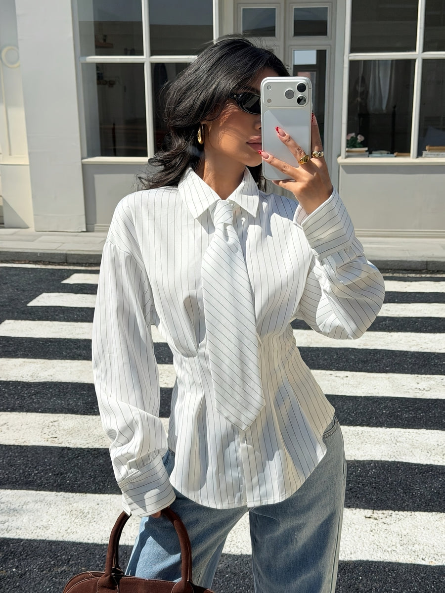 Women's Fine Pinstripe Lapel Collar Shirt with a Bow Tie and Long Sleeves, Ideal for Workplace Settings or Formal Everyday Wear—long Sleeve Shirt, Striped Shirt, Vintage-style Shirt, Lapel Top, White Top, White Shirt - White
