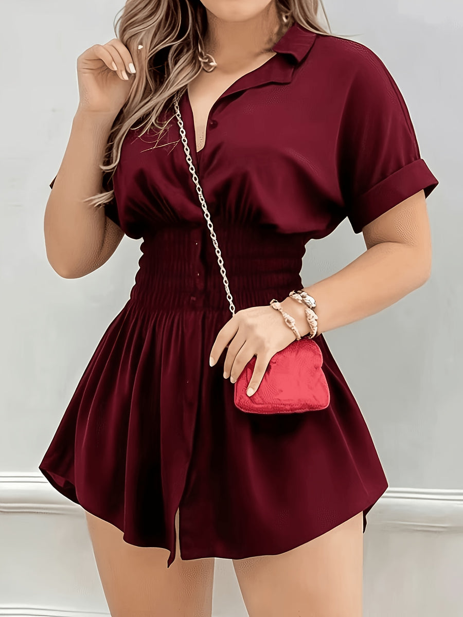 Women's Fashionable Pure-colored Pleated Short-sleeved Shirt Dress - Burgundy