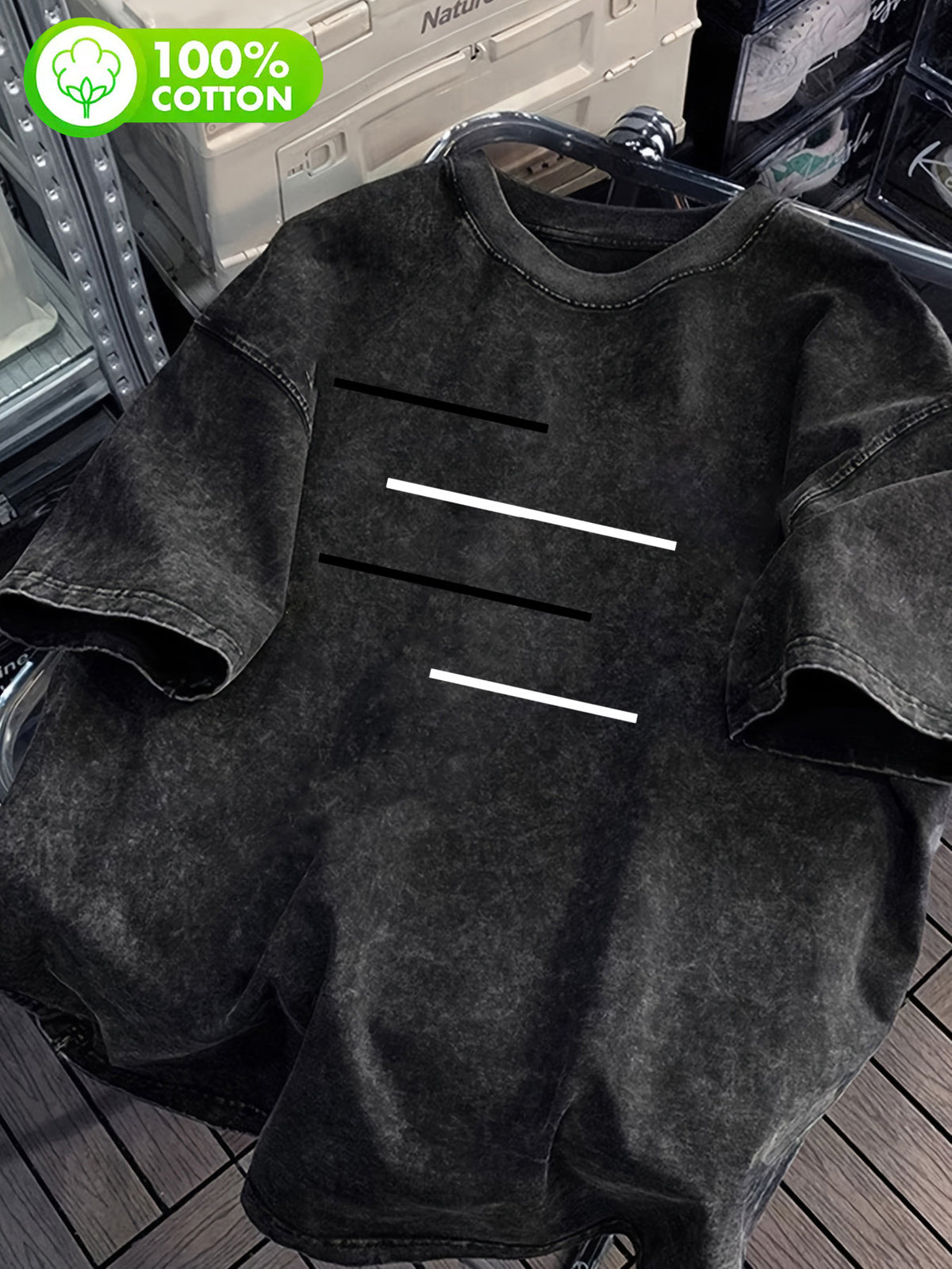 Men's 100% Cotton Washed "Minimalist Trendy Style" T-Shirt, Black Base with Black and White Contrast Line Print, Showcasing a Cool and  Style. Casual Cotton Versatile Loose-Fit Summer Crew Neck Short Sleeve, Suitable for Outdoor Sports and Daily Wear - Black