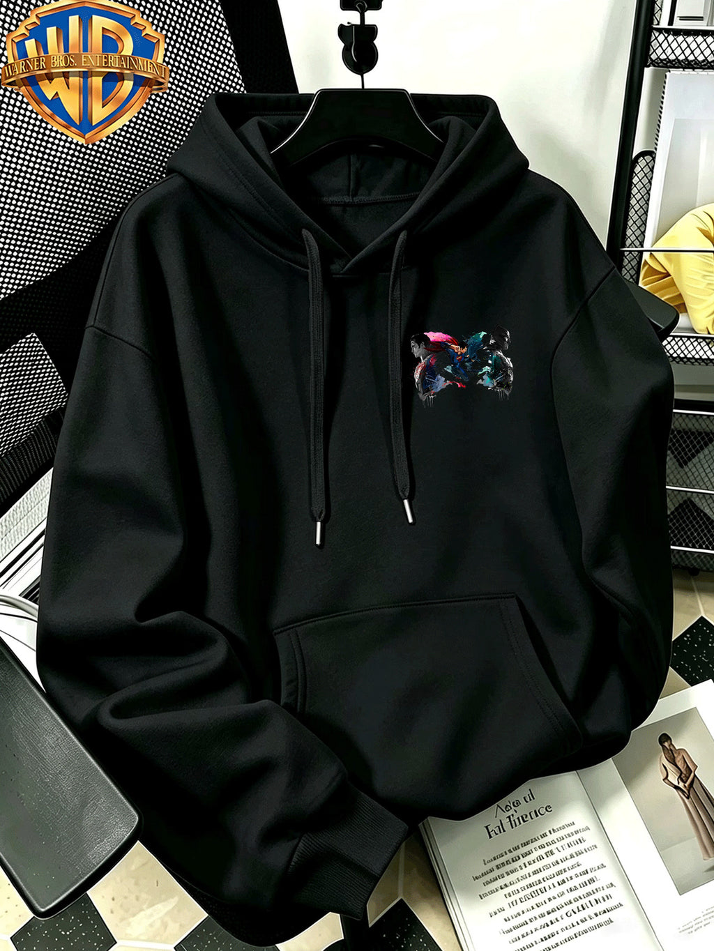 Autumn Winter Trendy Fashion Drawstring Pocket Hooded Men'S Sweatshirt, Ink Splatter Superman Batman Cool Print Design, Sporty Casual Loose Hoodie, Casual Wear for Daily Life, Trendy Style For, Suitable for Home And Outings, Unisex - Black