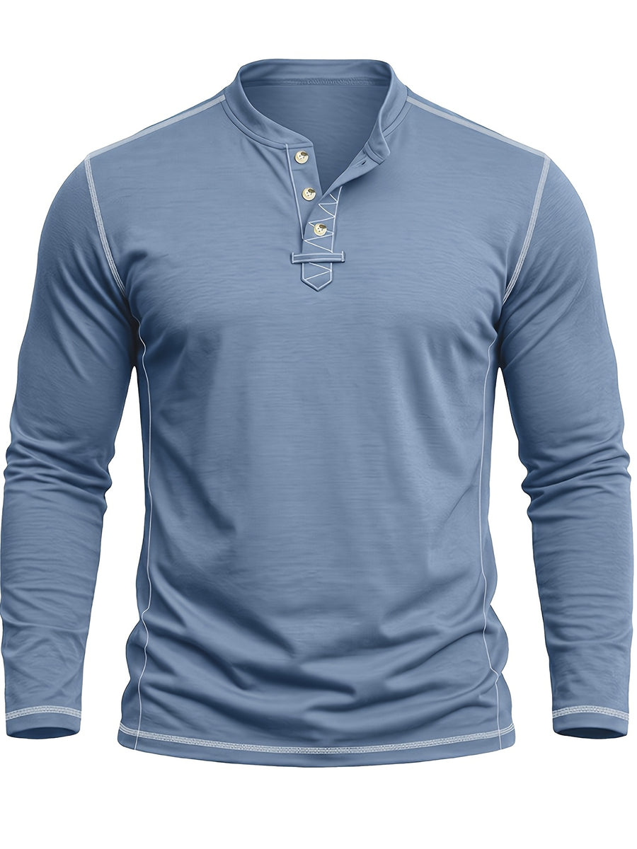 Autumn Winter Men'S Long Sleeve Henley Shirt, Cross-Border New Color-Block Fashion Casual Base Layer Round Neck T-Shirt - Dark Blue 1