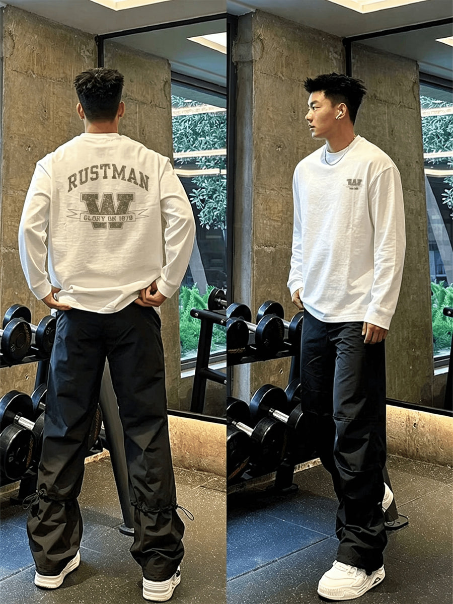 [Print Design - Not Textured] Trendy Individual Letter Print Men'S Youth Long Sleeve T-Shirt Heavyweight Spring Autumn New Style Outfit Instagram Base Pullover Men'S Athletic Round Neck Top - Mixed colors