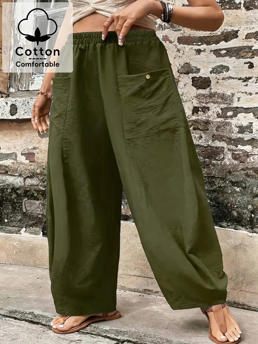 Plus Size, Plus Size Stylish Women's Solid Color Casual Pants, Elastic High Waist with Pockets, Loose Wide-Leg Trousers, Versatile Pants for Commuting and Vacation - Olive Green