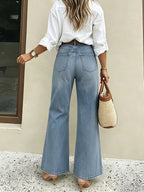 Distressed Rivet Stretch Flare Jeans - Bright Steel Blue