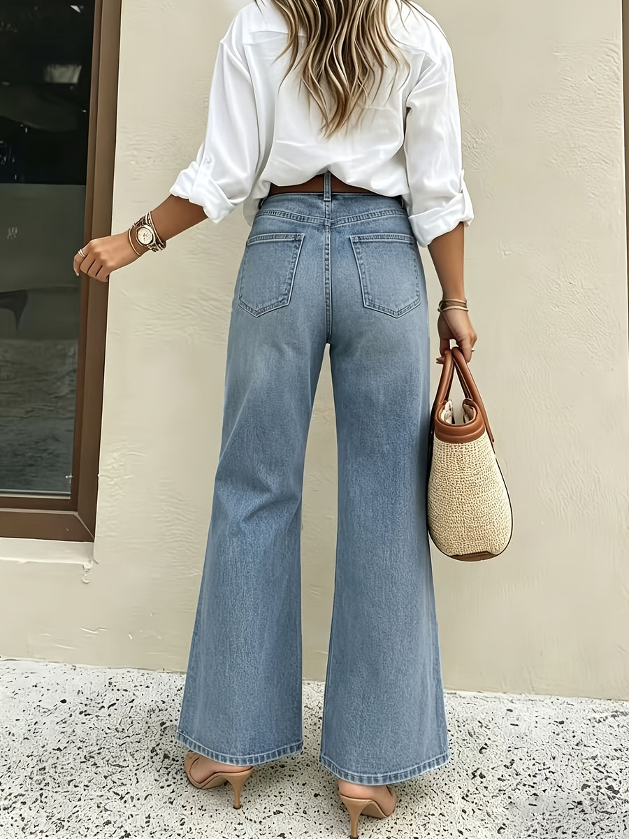 Distressed Rivet Stretch Flare Jeans - Bright Steel Blue
