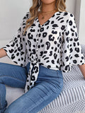 Spring and Summer Vacation Leopard Print Mid-Sleeve Tie-Bow Top - White