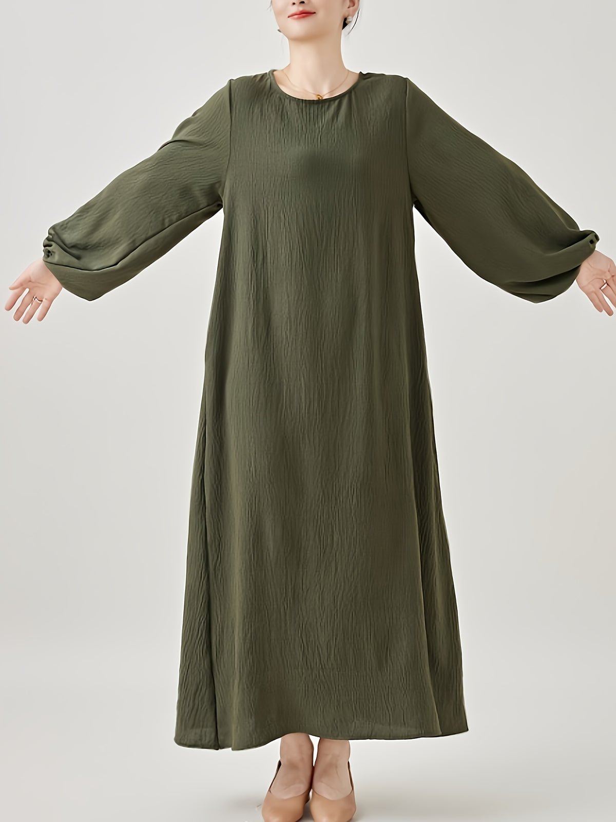Comfortable & Casual Solid Color Muslim Dress with Bubble Pleats, Elastic Cuffs, and Flowy Hem - Polyester, Machine Washable - Olive Green