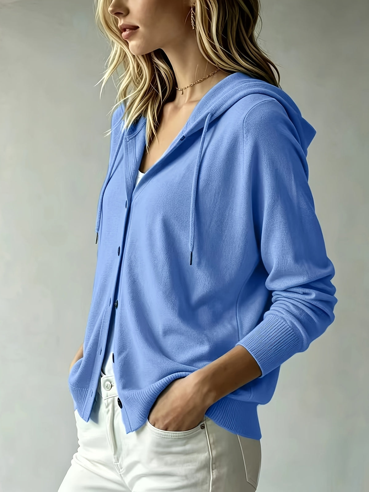 Women's Casual Hooded Cardigan, Button-Up Long Sleeve Top, Lightweight Loose Hooded Outerwear, Suitable for Daily/Commute/Vacation Multi-Scene Wear, Gavin - Blue