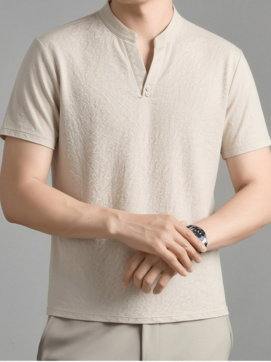 Men's Summer Short-Sleeve T-Shirt, Featuring a Stand-up Collar and Henry Collar Dual Design, with a Comfortable Texture Suitable for Both Business and Casual Wear - Raw Hemp Color