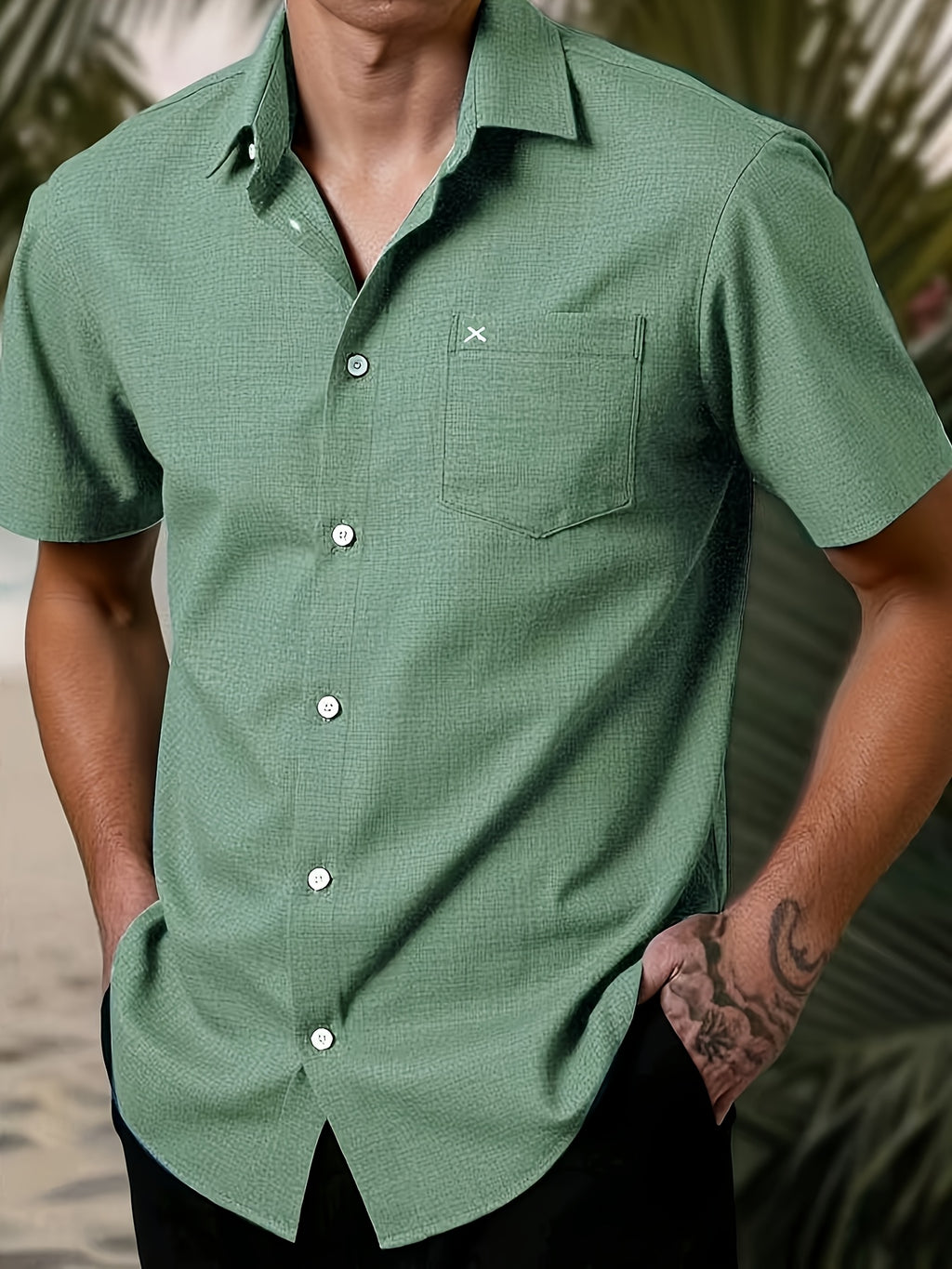 Men's Casual Multi-functional Daily Short-Sleeve Shirt with Single Pocket Embroidery, Summer Men's Shirt - Olive Green
