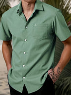 Men's Casual Multi-functional Daily Short-Sleeve Shirt with Single Pocket Embroidery, Summer Men's Shirt - Olive Green