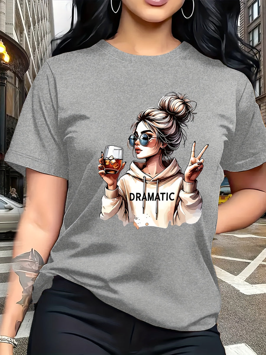 Street-style Trendy Art Print Featuring a Woman with a Bun Hairstyle and Fashion Glasses Holding a Red Wine Glass. Simple Round-neck Casual Versatile Short-sleeve Women's T-shirt, Suitable for Leisure, Travel, Vacation, and Other. 11643 - Light Grey