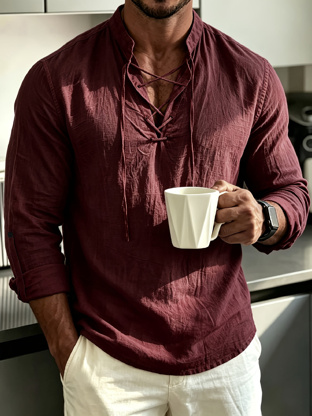 [Know And Give OBM] Men'S Solid Color Stand-Collar Linen Long Sleeve Shirt, Semi-Open Front Design, Roll-Up Sleeve Style | Casual Commute, Short Vacation, Leisure Gatherings | Men'S Versatile Top - Burgundy
