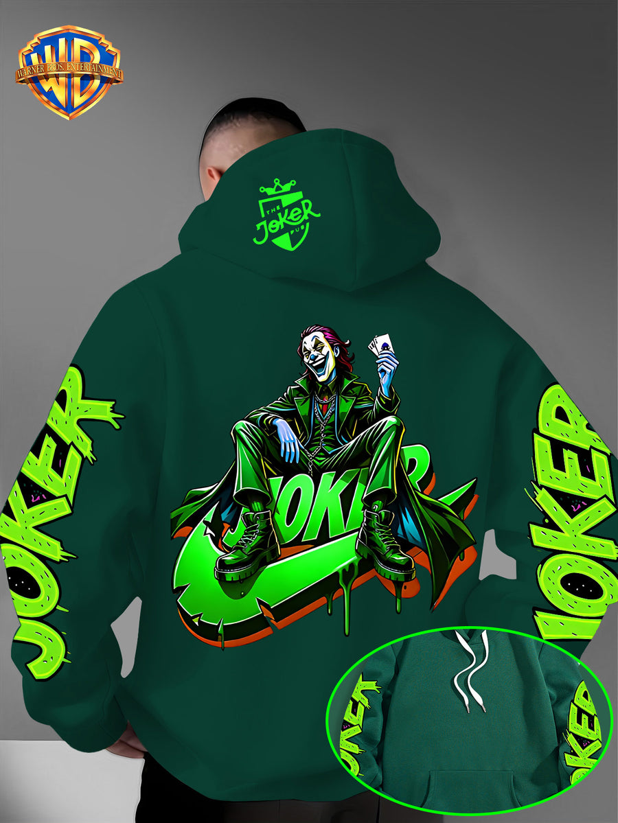 Warner Bros. American Trendy and Cool Hook, Hisley Jay Joker, JOKER Splashed Ink Graffiti Print Hooded Sweatshirt, with Adjustable Drawstring, Comfortable and Warm, Fashionable and Versatile Men's Casual Sweatshirt - Green