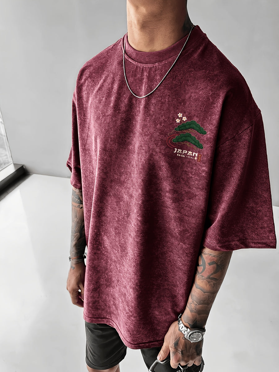 Printed Design - Not Textured: Tang Yunshu American Sporty Style Trendy Men's Japanese National Chic Printed Short Sleeve Shirt, Distressed Washed Finish + Exquisite Crane and Pine Tree Pattern, Crisp Wrinkle-Resistant and Wear-Resistant Fabric - Brick Red