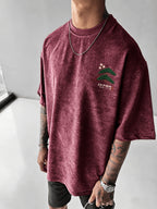 Printed Design - Not Textured: Tang Yunshu American Sporty Style Trendy Men's Japanese National Chic Printed Short Sleeve Shirt, Distressed Washed Finish + Exquisite Crane and Pine Tree Pattern, Crisp Wrinkle-Resistant and Wear-Resistant Fabric - Brick Red