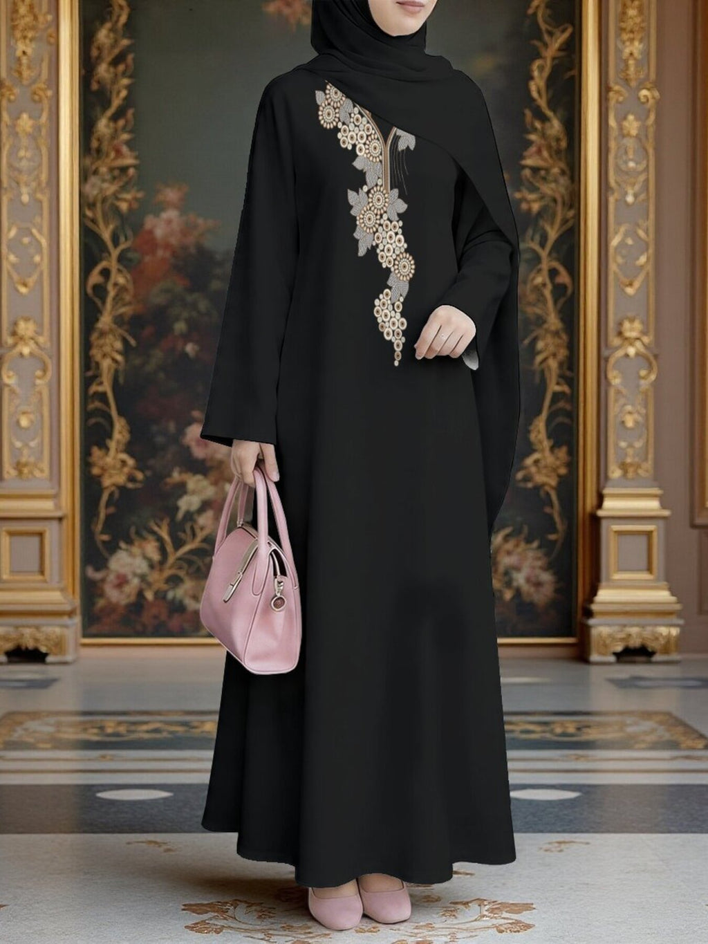 Black and Golden Floral Print Muslim Women's Robe, Elegant Middle Eastern Dubai-style Long Dress with Excellent Drape, Suitable for Prayer, Banquets, and Outings, Islamic Women's Clothing, Headscarf Accessories Not Included - Mixed colors