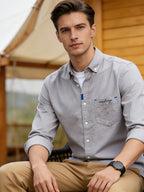 Spring/Autumn Men'S Oxford Cloth Collared Shirt, Individual Chest Print Long Sleeve Blouse, Slimming Outdoor Casual Top, Youth Versatile Commute Light Business Men'S Basic Shirt - Grey