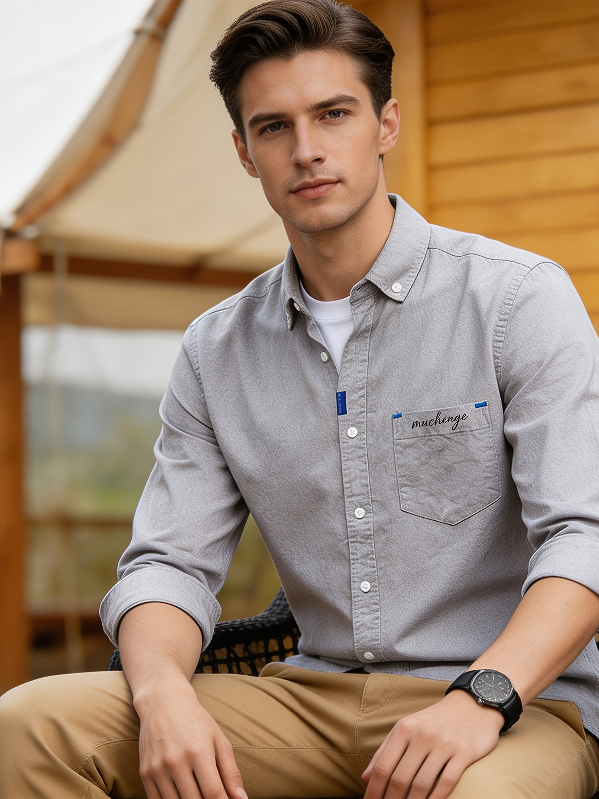 Spring/Autumn Men'S Oxford Cloth Collared Shirt, Individual Chest Print Long Sleeve Blouse, Slimming Outdoor Casual Top, Youth Versatile Commute Light Business Men'S Basic Shirt - Grey