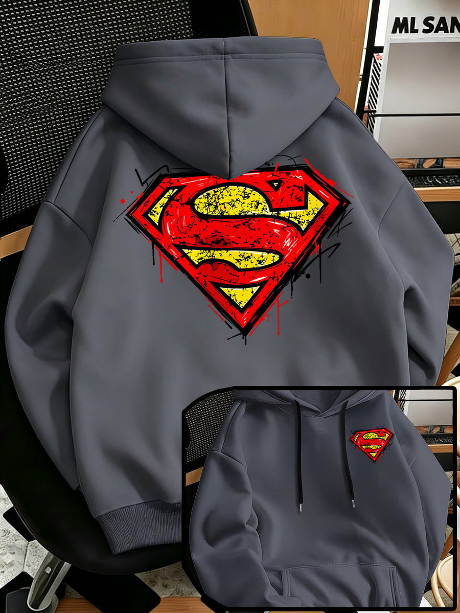Men'S Fashion Sweatshirt, Retro Distressed Cracked Graffiti Superman Logo Print Design, Men'S Trendy Hoodie Loose Fit, Adjustable Drawstring, Fleece-Lined Sweatshirt Comfortable Fall Winter Wear, Outdoor Sports Casual Trendy Clothing - Dark Gray