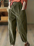Plus Size - Plus Size - Women'S Elegant Wide-Leg Corduroy Harem Pants - Tapered Design with Pockets, All-Season Corduroy Trousers, Suitable for Casual And Formal Occasions - Olive Green