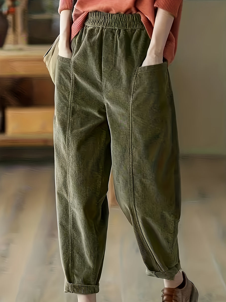 Plus Size - Plus Size - Women'S Elegant Wide-Leg Corduroy Harem Pants - Tapered Design with Pockets, All-Season Corduroy Trousers, Suitable for Casual And Formal Occasions - Olive Green