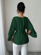 Round Neck Long Sleeve Loose Waist Tie Elegant Noble Versatile Top Trend - Dark Green
