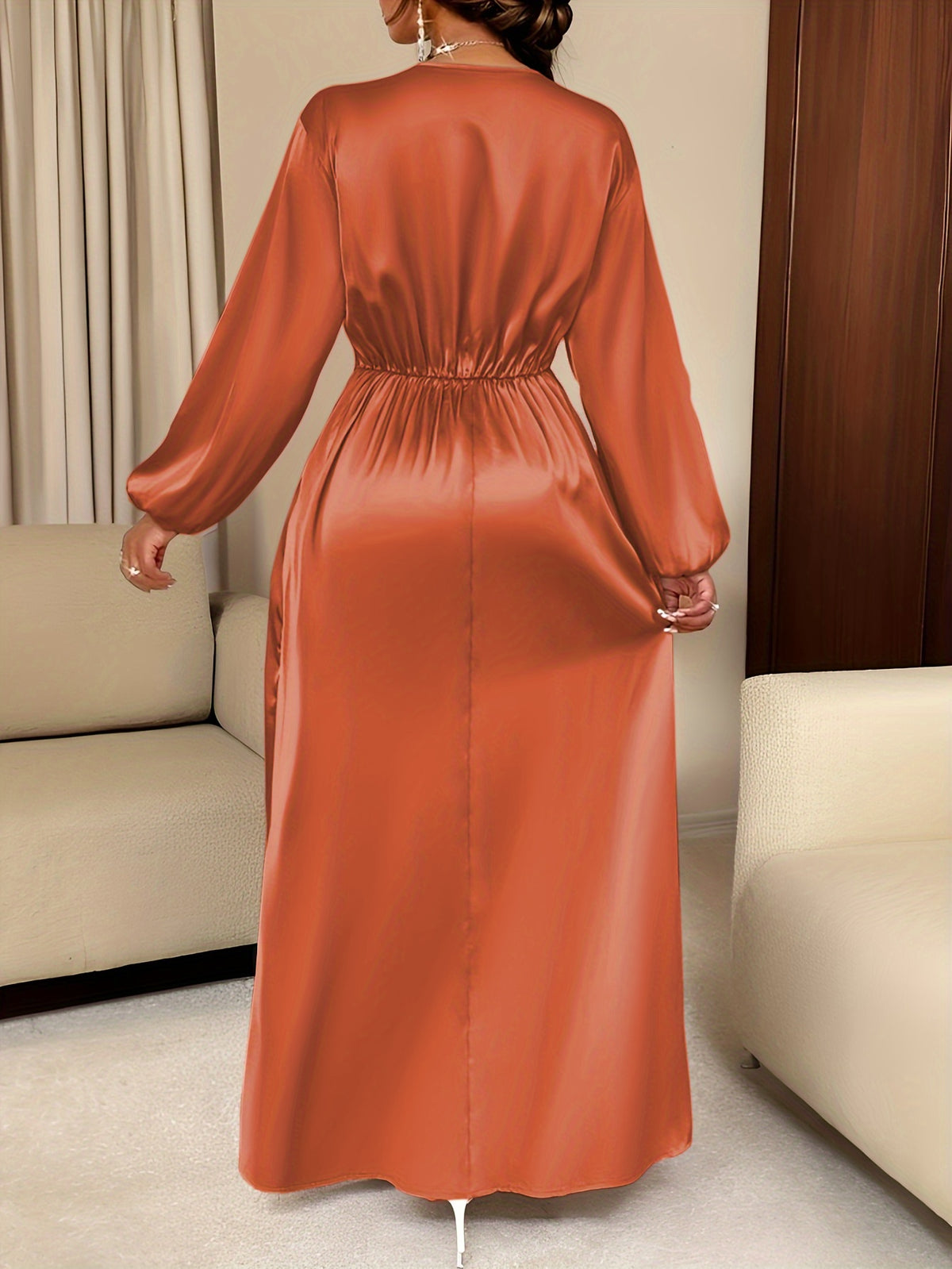 Women's Solid-color Simple Daily and Party Banquet Satin Bridesmaid Dress with Pleated Design - Rose Brown