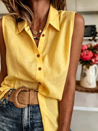 European and American Style Versatile Summer New Arrival Pure Breathable Sleeveless Lapel Single-Breasted Casual Loose Vest Sleeveless Shirt for Women - Yellow