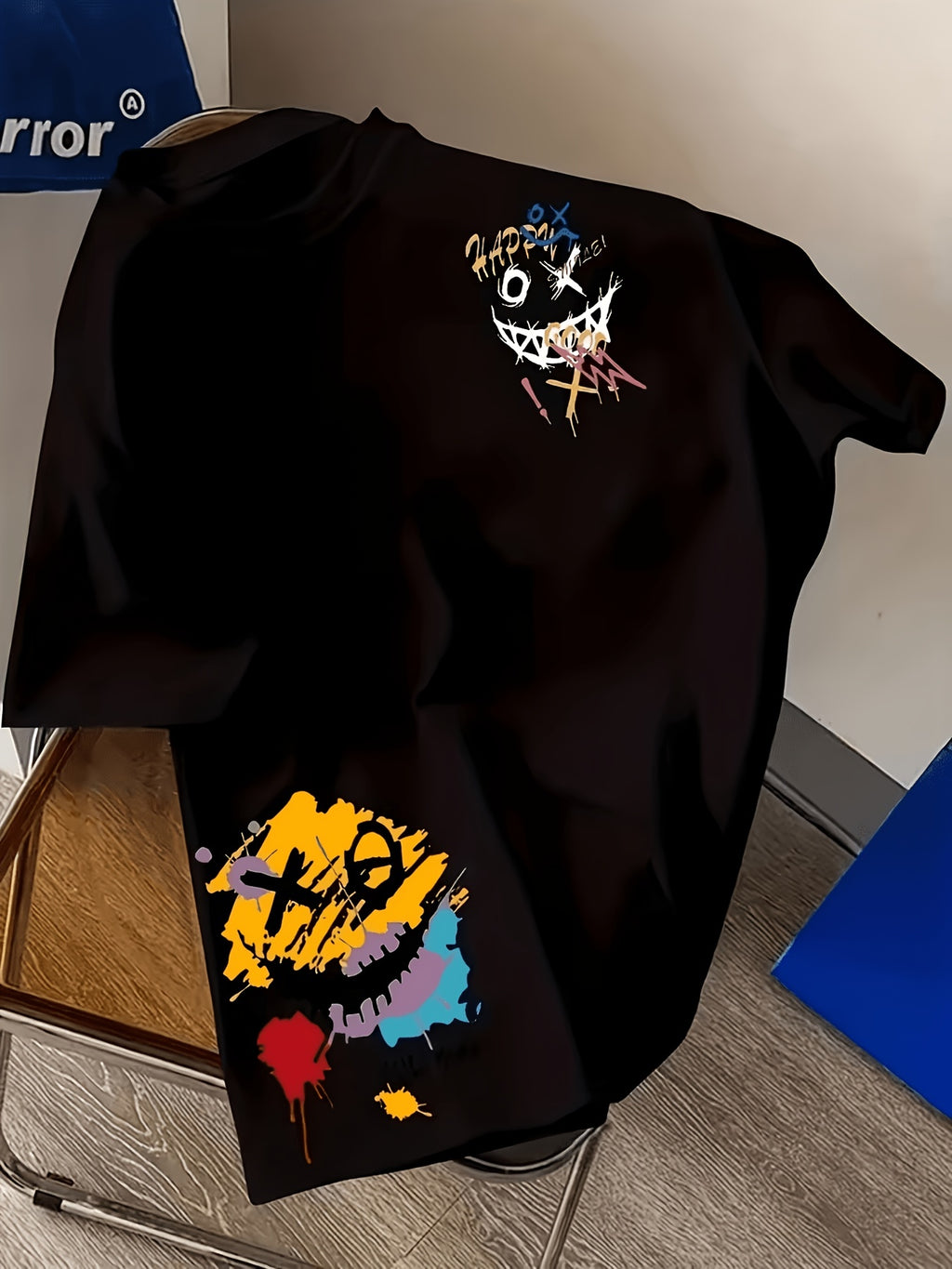 Boy's Patterned Print T-Shirt- Designed for Happy Young People, Featuring Colorful Smiling Faces, Short-sleeved, Round-neck, Casual Summer T-shirt, Made of Soft Knitted Fabric, Perfect for Casual Wear, Young People's T-shirt, Playful Patterned T-shir - Black