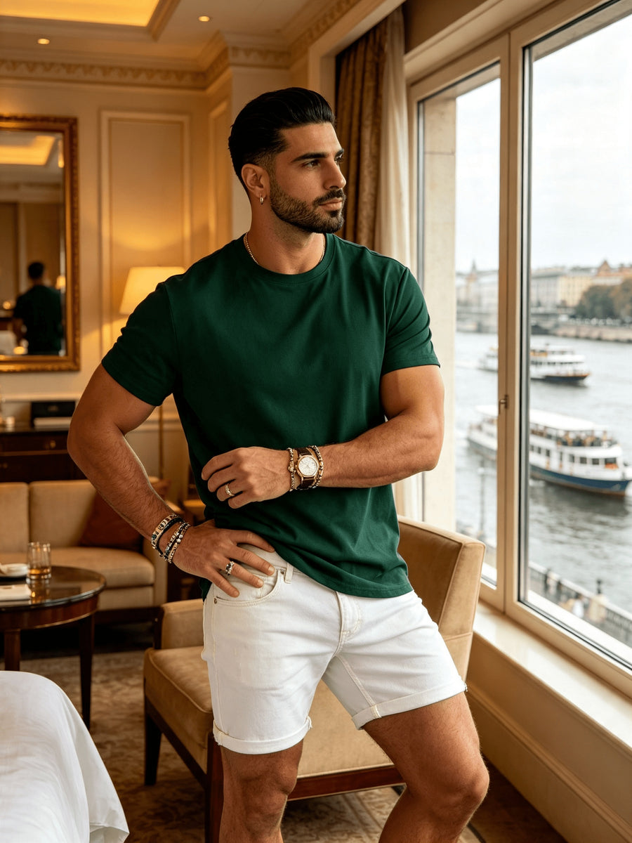 Men's Spring/Summer Solid Color T-Shirt, Short-Sleeve Top, Casual and Breathable, Suitable for Commuting and Outings, Fashionable, Trendy, Simple, and Versatile, a Casual Essential - Dark Green
