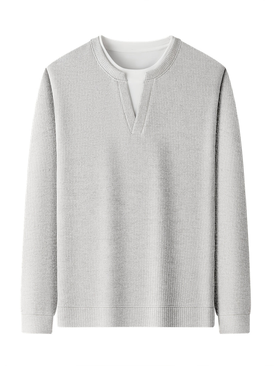 Spring And Autumn Men'S Pinstripe Knit Faux Two-Piece Sweatshirt Easy Small Lapel Fit Comfortable Skin-Friendly Casual Commuting Long Sleeve Pullover Sweater - 【Light Grey】