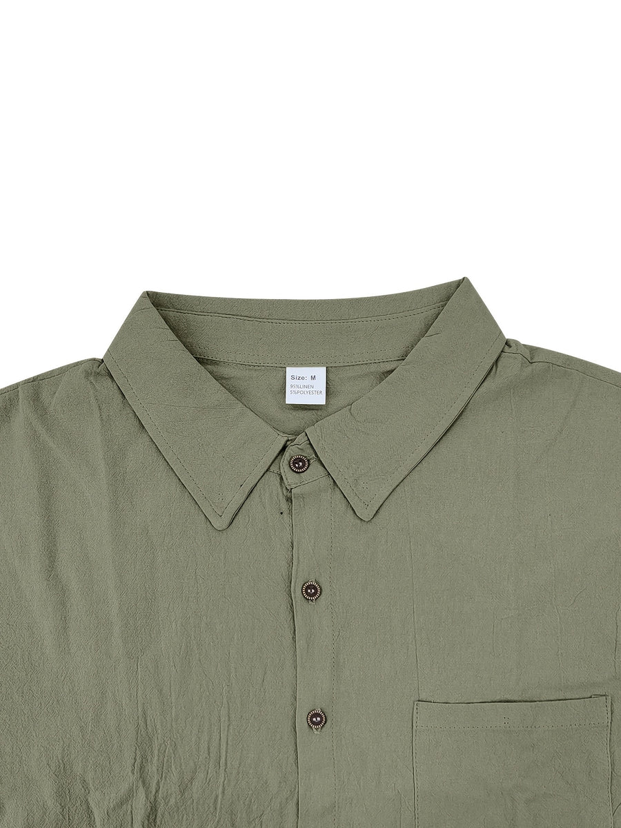 Men'S Linen Blend Long Sleeve Collared Button-Up Shirt, Casual Textured Wrinkle-Resistant Summer Top, Single Pocket Design with Adjustable Cuffs, Loose Fit Lightweight Breathable Beach Linen Shirt, V-Neck Relaxed Casual Shirt, Suitable for Vacation - fern green