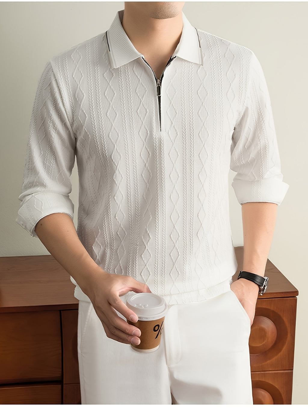 Men's Half-Zip Lapel Long-Sleeve Polo Shirt, Full-Rhombus Jacquard Texture, Contrast-Color Ribbed Collar, Simple Light-Luxury Top, for Business Receptions, Daily Commuting, Loose-Fit Men's Long-Sleeve T-Shirt - White
