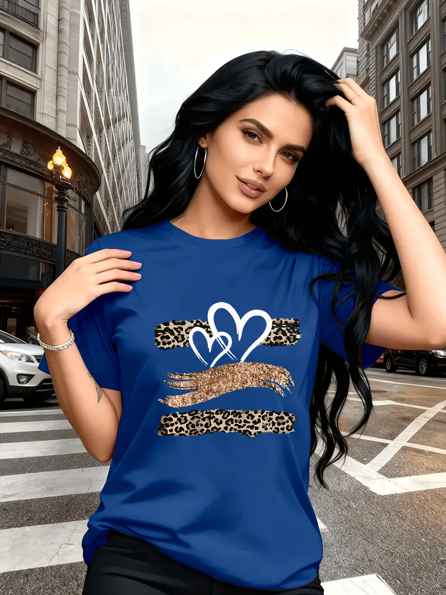 Leopard Print Heart Glitter-themed Pattern Print, Fashionable Breathable T-shirt, for Family Travel,, Casual S, Daily Commutes, Matching Outfits for Sisters, Versatile T-shirt 30057 - Blue 1