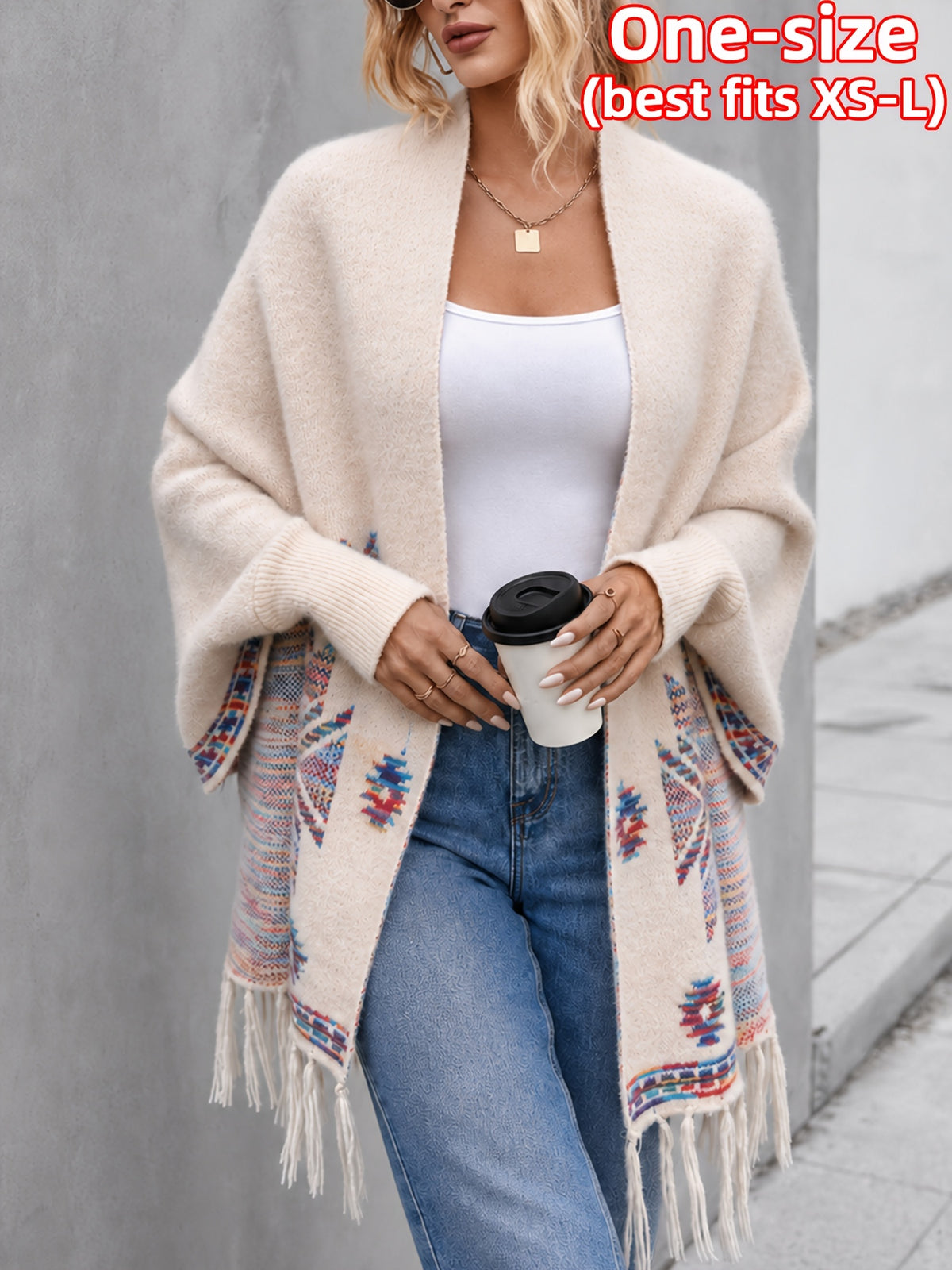 Elegant Special Edition 1pc Casual Elegant Women's Cardigan, Fair Isle Style Geometric Jacquard Fringe Lapel Open Front Batwing Sleeve Shawl Cape, Women's Mid-Length Warm Windproof Versatile Sweater Outerwear, 100% Polyester Fiber - Off-white