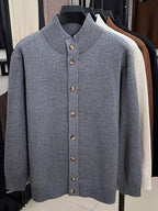 Easy Style Men'S Button-Up Knit Jacket, High-Neck Casual Sweater Coat, Fabric: 45% Acrylic, 26.9%, 22.7% Nylon, 5.4% Velvet Velvet; Stretchy Soft Sweater Outerwear, Suitable for Office And Street Casual Wear - Lace Gray