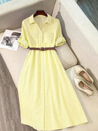 Women'S Fashion Commuter Casual Lapel A-Line Striped Dress, Suitable for Daily Office Wear - Yellow