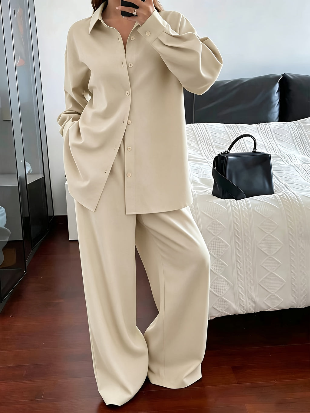 Women'S Spring Autumn Elegant Casual Loose Comfortable Solid Color Shirt Top And Straight Long Pants 2pcs Set - Apricot