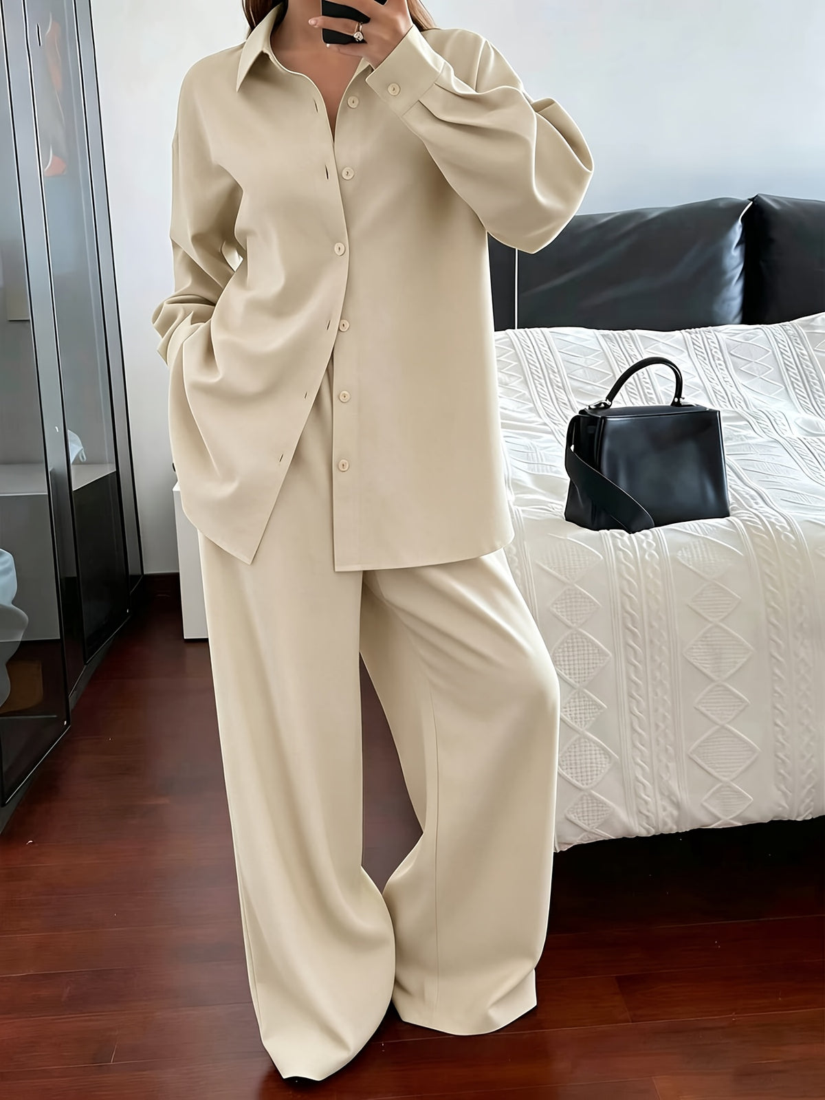 Women'S Spring Autumn Elegant Casual Loose Comfortable Solid Color Shirt Top And Straight Long Pants 2pcs Set - Apricot