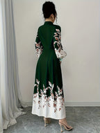 Spring and Autumn Festival Holiday Party Floral Print Lapel Collar Lantern Sleeve Button A-Line Women's Elegant Shirt Dress - Dark Green
