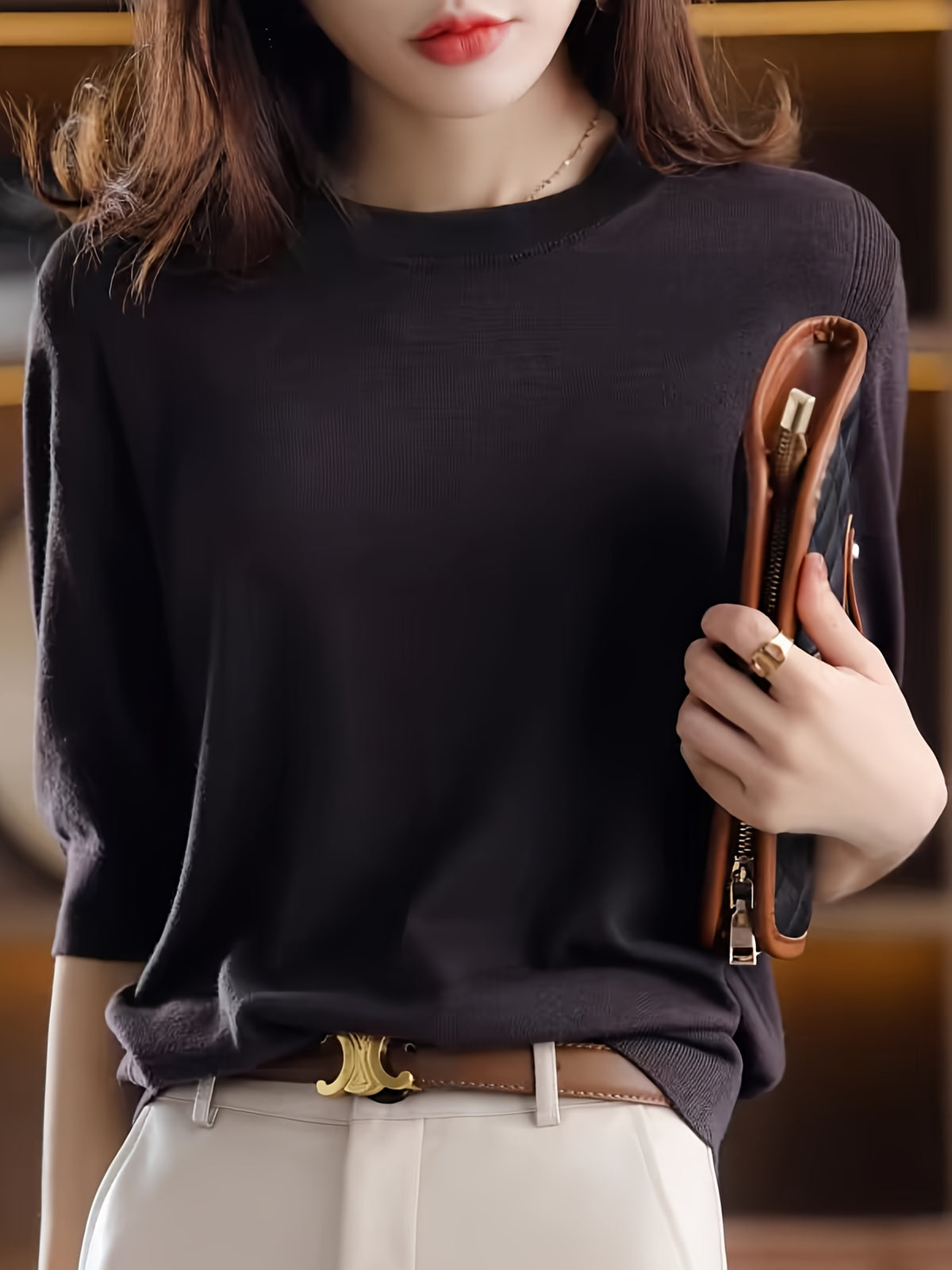 Fine Round Neck Mid-Sleeve Sweater Women'S Spring Autumn New Vintage Elegant Top Short Sleeve Base Layer - Coffee Color