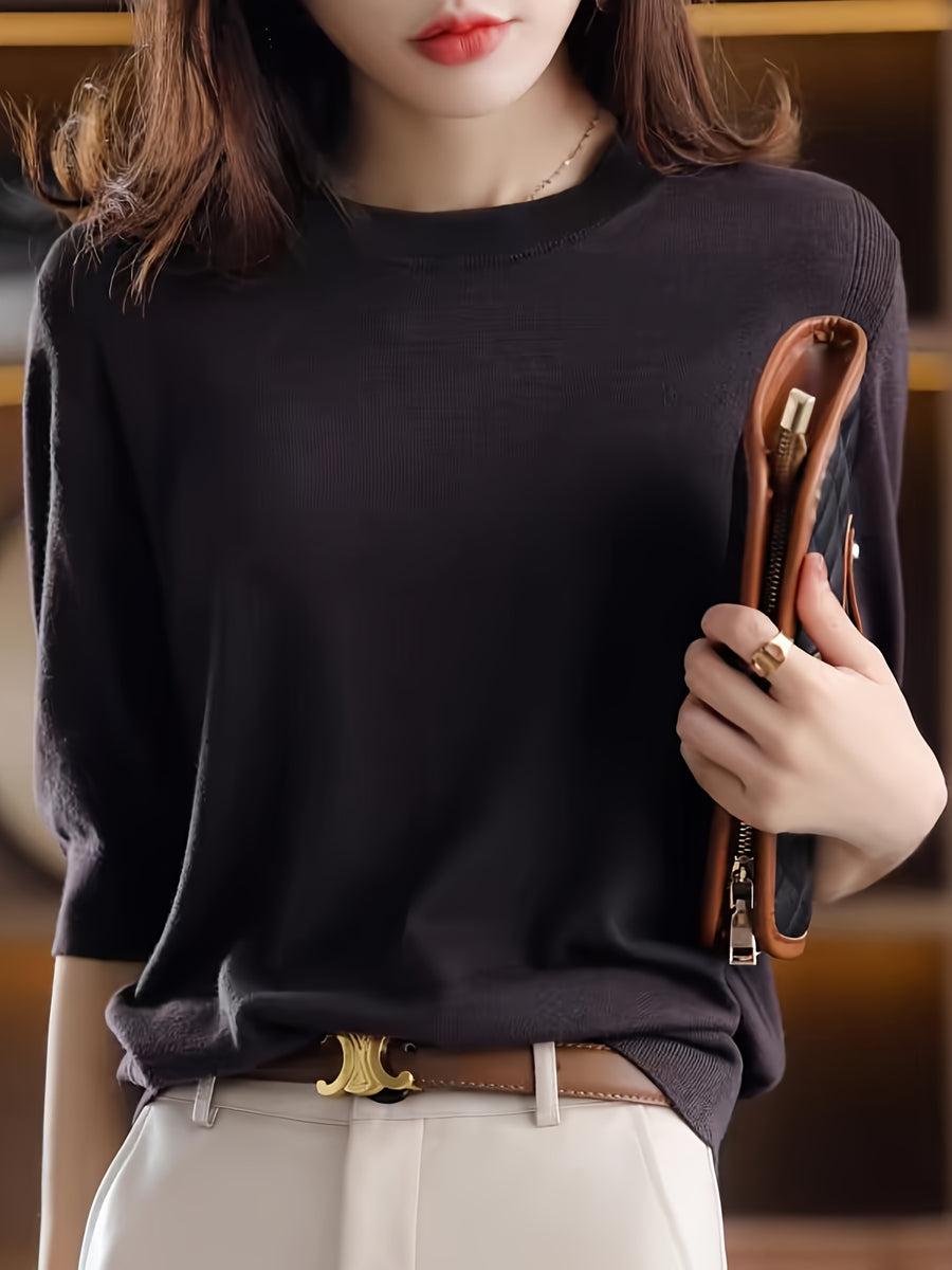 Fine Round Neck Mid-Sleeve Sweater Women'S Spring Autumn New Vintage Elegant Top Short Sleeve Base Layer - Coffee Color