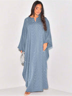 Ramadan Middle East Muslim New Women's Fashion Loose Rhinestone Batwing Sleeve Abaya Gown - Bright Steel Blue