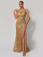 Sparkly Sequin Off-The-Shoulder Camisole Pleated Dress, Elegant Split Thigh Draped Side Slim Evening Dress, for Parties And Banquets, Wedding Nights, Proms, Date Night Dinners, Fashionable Elegant Performance Attire - Champagne