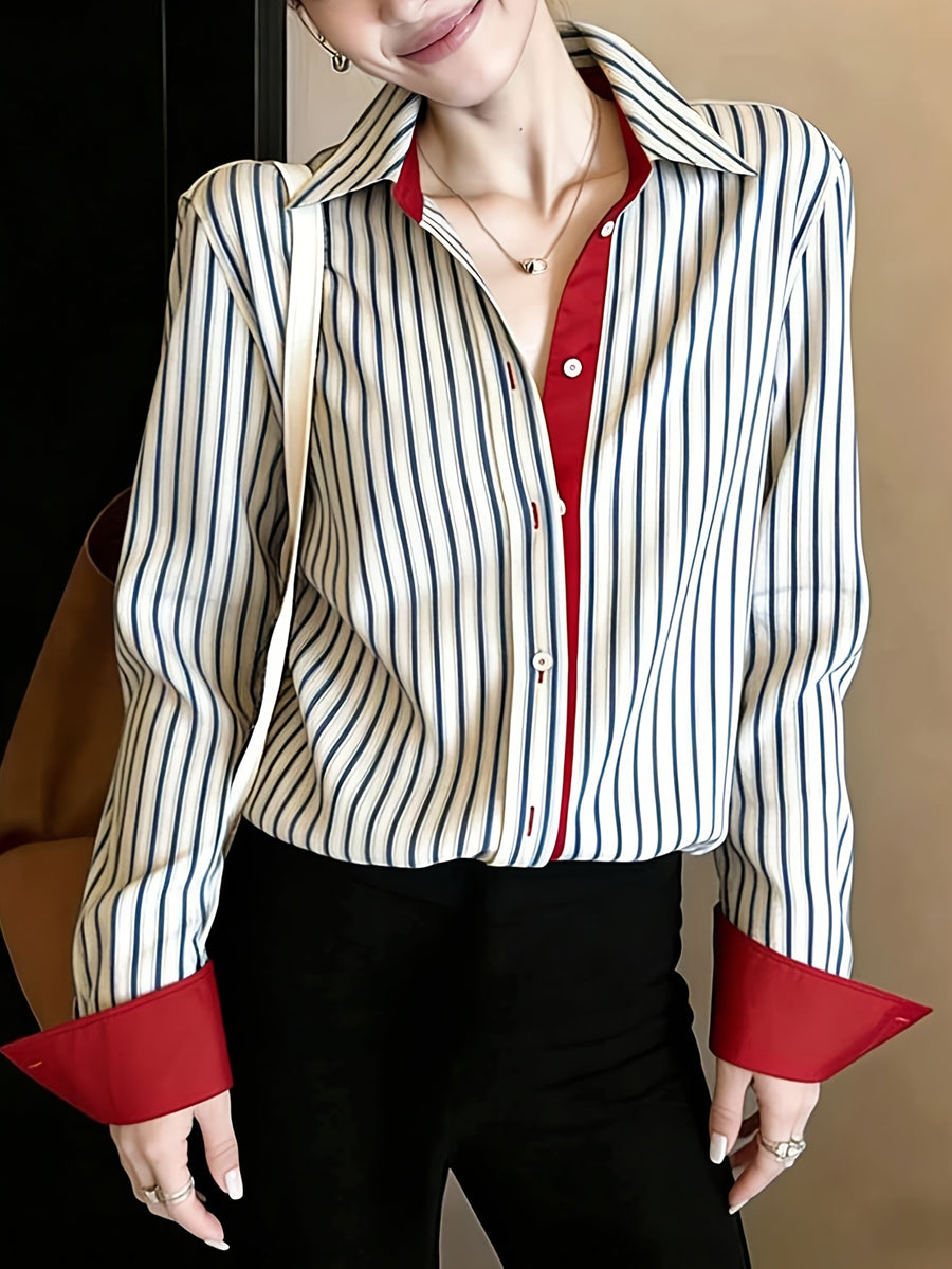 Elegant Women's Long-sleeve Top, Red Shirt with Irregular Trim, Blue and Red Pattern Top, Graceful French-style Cagoule Blouse, White for Spring Daily Wear - Stripe