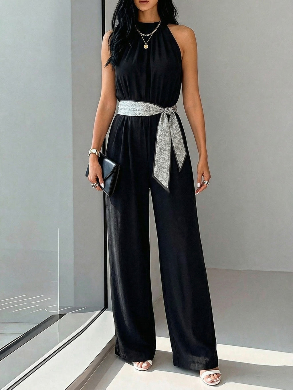 Women'S Spring Summer Black Satin Halter Neck Sleeveless Wide-Leg Jumpsuit with Polka Dot Belt, Light Mature Style Elegant Commuter Trousers - Black